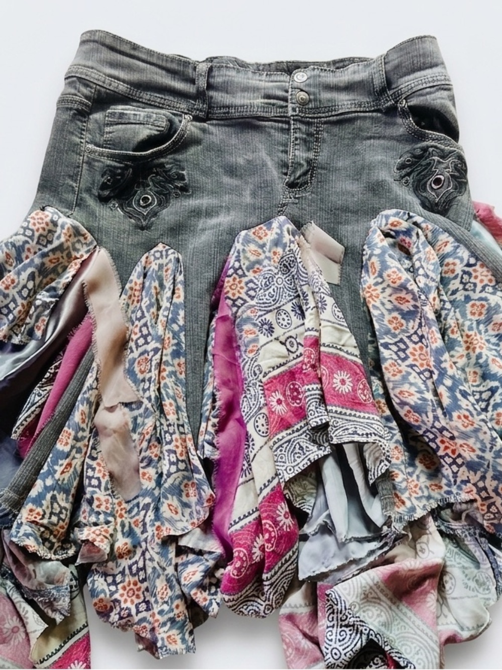 Boho Patchwork Asymmetrical Refashioned Skirt in black Denim and Pink